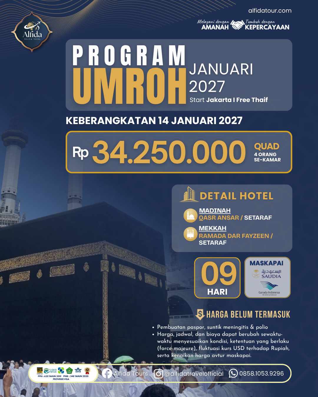 Umroh Reguler Awal Tahun 2027 - 9 Hari | Alfida Tour & Travel - Paket Umrah, Haji & Wisata Muslim Terpercaya
