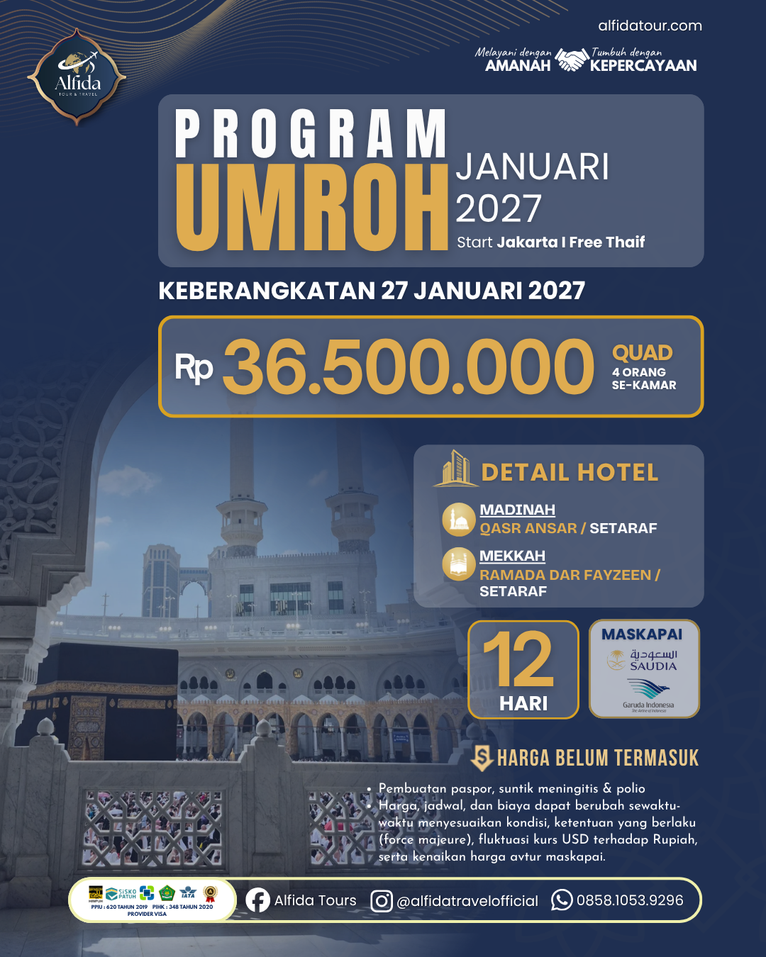 Umroh Reguler Awal Tahun 2027 - 12 Hari | Alfida Tour & Travel - Paket Umrah, Haji & Wisata Muslim Terpercaya