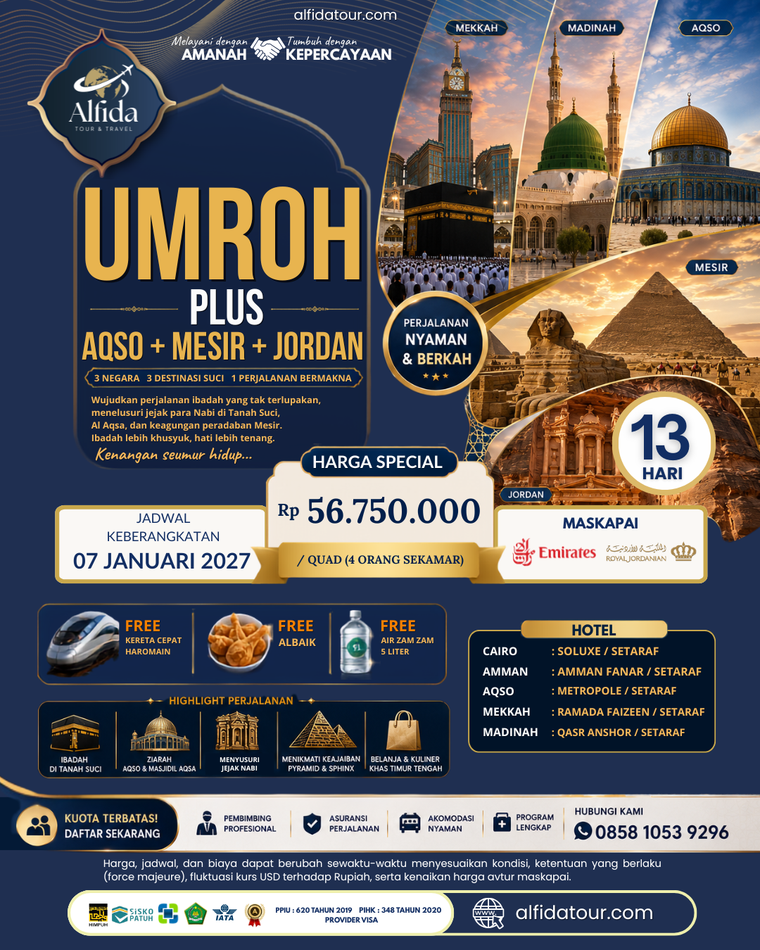 Umroh Plus Aqso, Jordan, Cairo - 13 Hari | Alfida Tour & Travel - Paket Umrah, Haji & Wisata Muslim Terpercaya