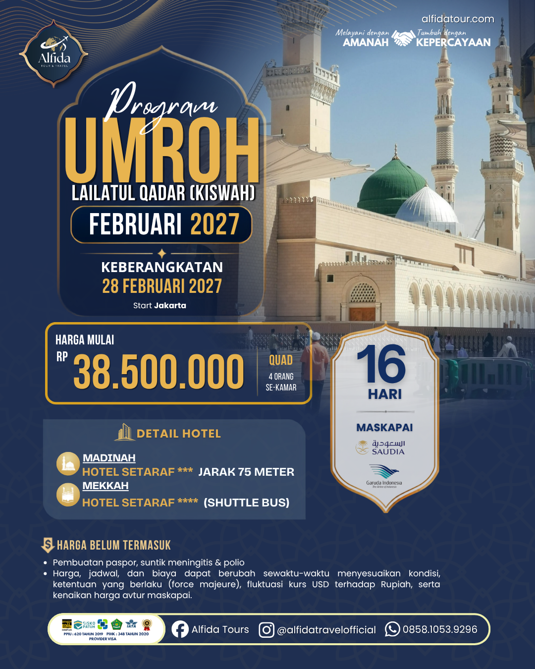 UMROH LAILATUL QADAR 16 HARI (KISWAH) | Alfida Tour & Travel - Paket Umrah, Haji & Wisata Muslim Terpercaya